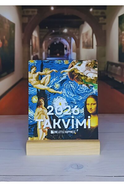 One Little Happiness 2026 Sanat Temalı Ahşap Standlı Masaüstü Takvim, Özel Tasarım Masa Takvimi