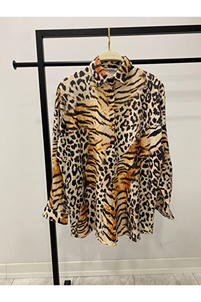 Hatun Atila Digital Printed Thin Knitwear Leopard Pattern Oversize Shirt