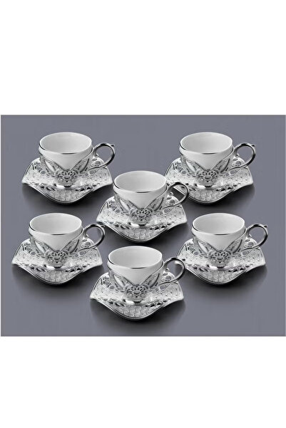 BUSEM Turkish Coffee Set of 6 Porcelain Cups with Holders and Silver Copper Saucers – Made in Türkiye