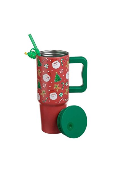 AB HOMES Metal Thermal Mug 900ml, Red Christmas Print with Green Figures, Lid & Handle