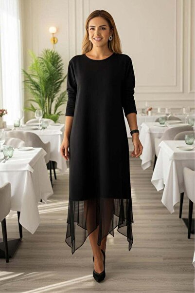 Nevin Kaya Moda Black Zigzag Tulle Detailed Cotton Dress