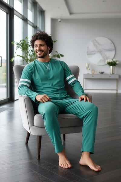 Pijamaevi Ανδρικό σετ πιτζάμες με μακρυμάνικο στυλ με μοτίβο τιρκουάζ γραμμής