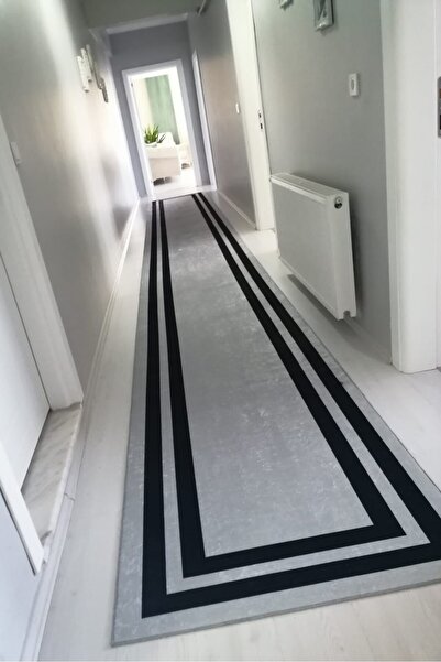 VOPTEKS Gri Siyah Halı Yolluk Makinede Yıkanabilir Halı Kaymaz Taban Halı