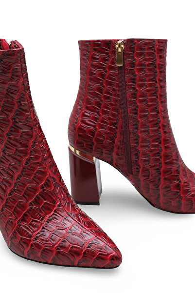 Women Lay-z Women's Burgundy Crocodile Pointed Toe Boots Offer a Stylish and Modern Style with a 8.5 cm Heel and Gold Detailing.