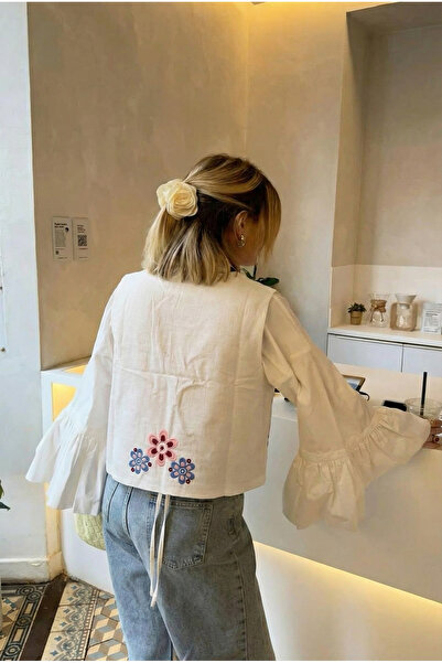 FEMELLE Γυναικείο βαμβακερό γιλέκο με κέντημα με λευκό λουράκι στο στήθος