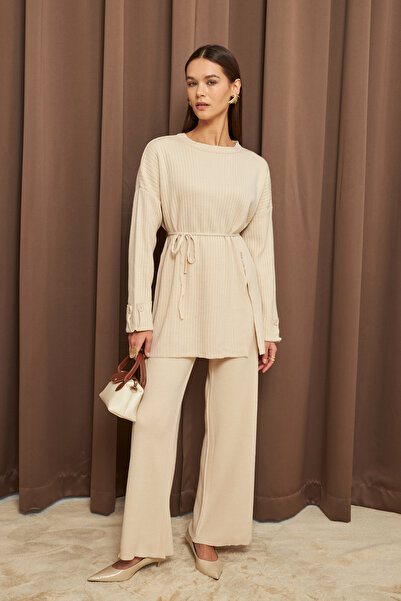 Yefrastore Women's Ecru Waist-Tied Button Detailed Sweater Pants Two-Piece Knitwear Set