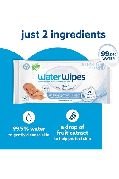 WaterWipes Sensitive+ Newborn & Baby Wipes, 3-In-1 Cleans, Cares, Protects, 99.9% Water, Unscented &
