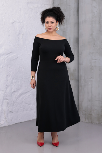 Madwilo Women's Black Wide Neckline Fakir Sleeve Pencil Stretchy Plus Size Dress