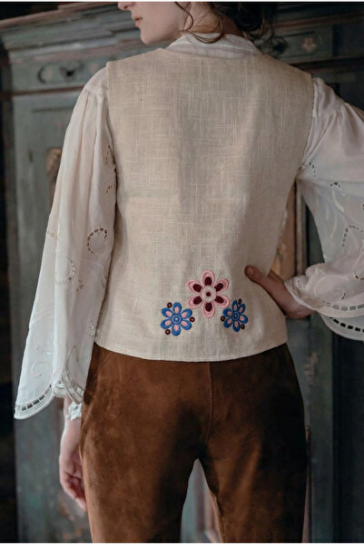 FEMELLE Women's Beige Breast-Tied Embroidered Cotton Vest