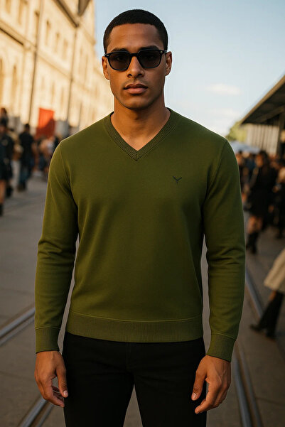 Maccali Men's Premium Comfort Casual Long Sleeve V-Neck Khaki Sweater