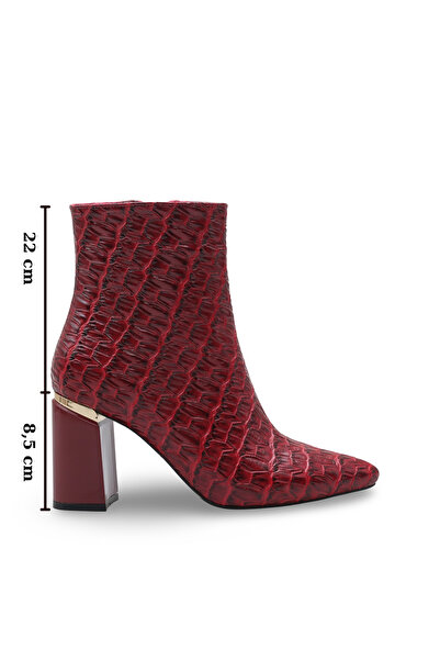Women Lay-z Women's Burgundy Crocodile Pointed Toe Boots Offer a Stylish and Modern Style with a 8.5 cm Heel and Gold Detailing.