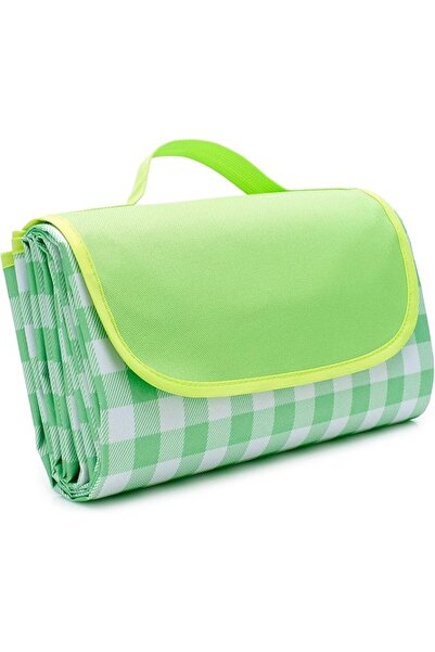 OEM Picnic and beach rug, waterproof, with handle, 200×150 cm, Premium – green with white checks
