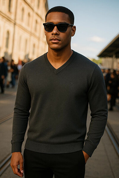 Maccali Men's Premium Comfort Casual Long Sleeve V-Neck Smoked Sweater