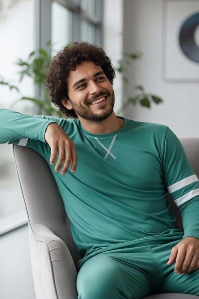 Pijamaevi Ανδρικό σετ πιτζάμες με μακρυμάνικο στυλ με μοτίβο τιρκουάζ γραμμής