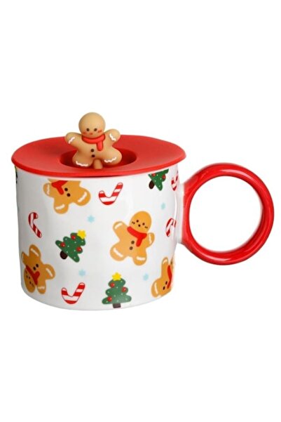 AB HOMES Set of 2 Christmas Mugs AB Homes, New Bone, Ring Handle & Silicone Lid with Gingerbread, 400 ml