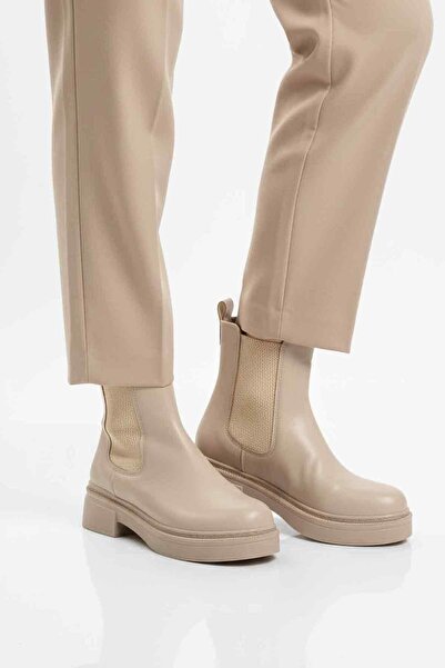 AYAKMOD حذاء تشيلسي نسائي من الجلد البيج سهل الارتداء مصنوع من الصوف وغير قاب...