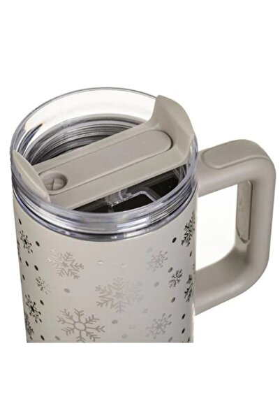AB HOMES Stainless Steel Thermal Mug 900ml, Grey Snowflake Christmas Print, Ergonomic Handle