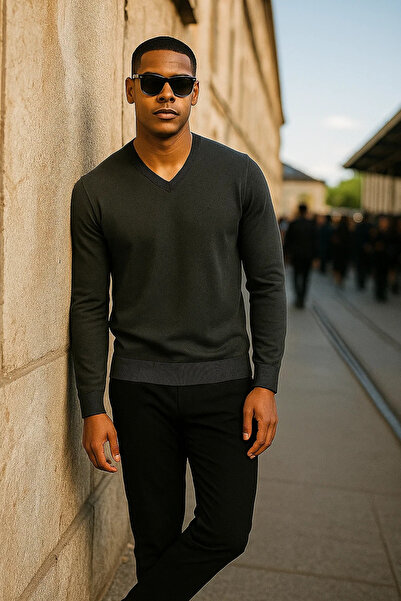 Maccali Men's Premium Comfort Casual Long Sleeve V-Neck Smoked Sweater