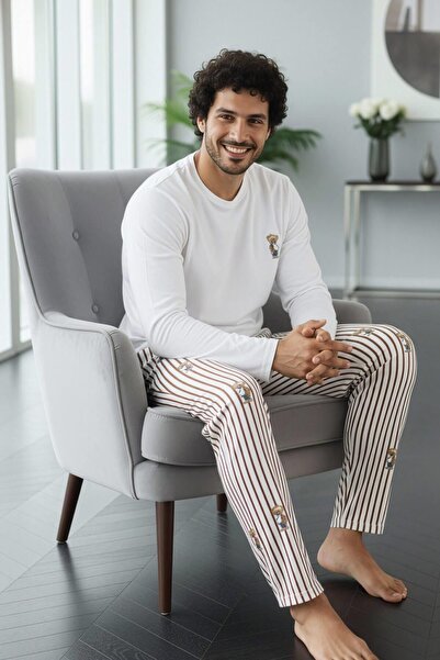 Pijamaevi Σετ πιτζάμες με μακρυμάνικο ανδρικό στυλ με σχέδιο λευκού αρκούδα