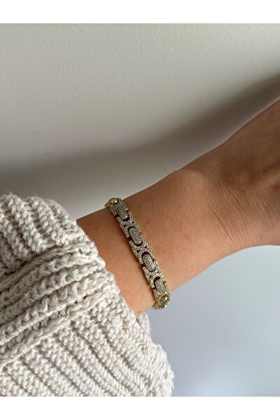 Owentis Çelik Gold Kuyumcu İşçilikli Taşlı Katania Bileklik -kararma yapmaz-