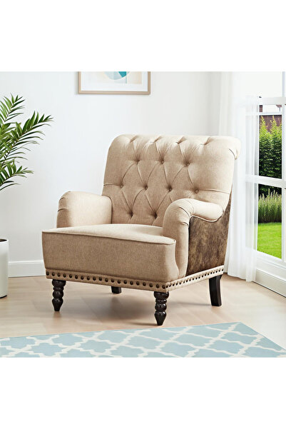 homejoyz | كرسي تشيسترفيلد كلاسيكي بتصميم ذراعين مزدوجين من قماش الكتان - بيج