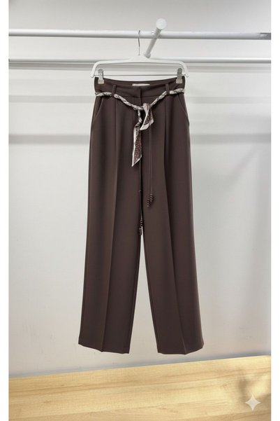 TİSHOOSTORE High Waist Brown Fabric with Scarf Palazzo Pants