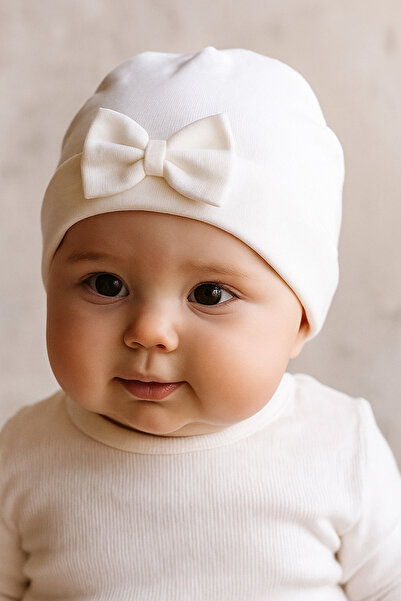 DaphKids Bebek Bere Organik Pamuk Yumuşak Kumaş Fiyonklu Bebek Şapka - Beyaz