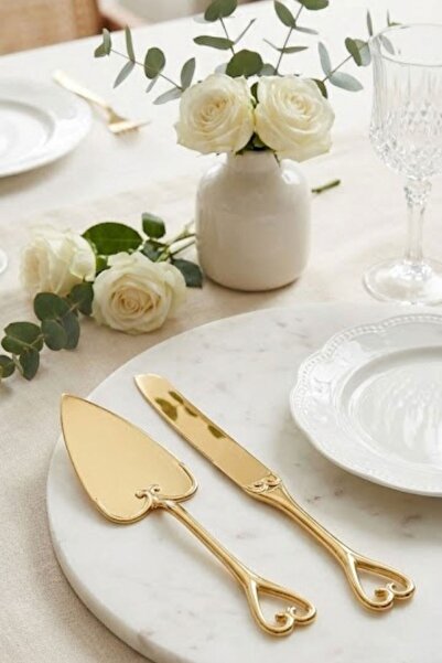 Arma House 2'li Gold Vintage Kalp Saplı Pasta Servis Seti - Lüks Çelik Spatula ve Bıçak Takımı - Çeyizlik Nişan