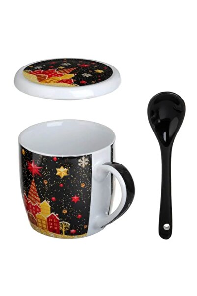 AB HOMES Christmas Mug Set with Lid & Spoon, Snowy Landscape, 340ml – 3 Pieces Porcelain