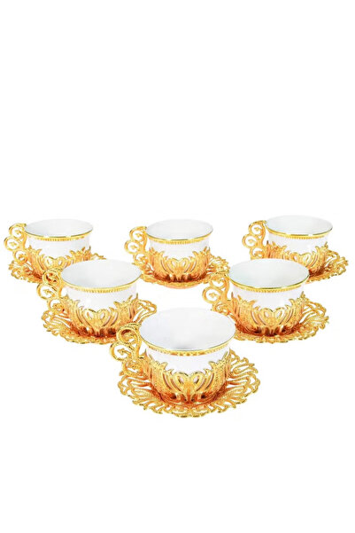 ACAR 6-Piece Arabic & Turkish Coffee Set with White Glass Cups, Gold Holders & Saucers – Made in Türkiye