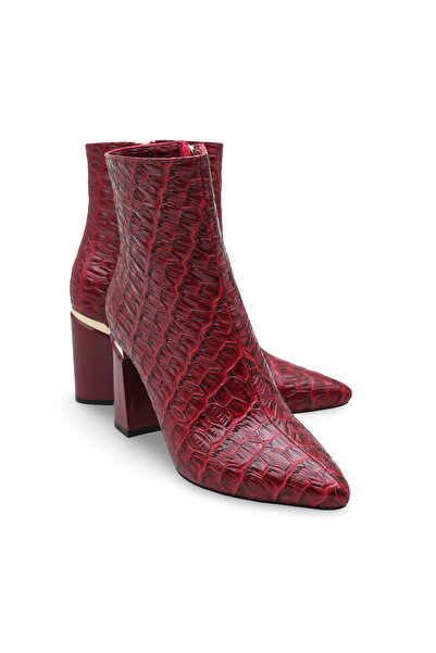 Women Lay-z Women's Burgundy Crocodile Pointed Toe Boots Offer a Stylish and Modern Style with a 8.5 cm Heel and Gold Detailing.