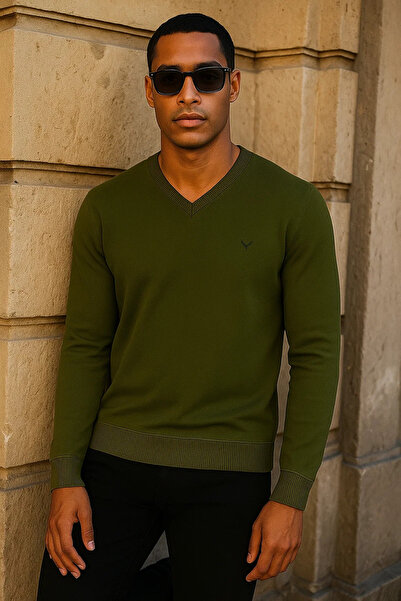 Maccali Men's Premium Comfort Casual Long Sleeve V-Neck Khaki Sweater