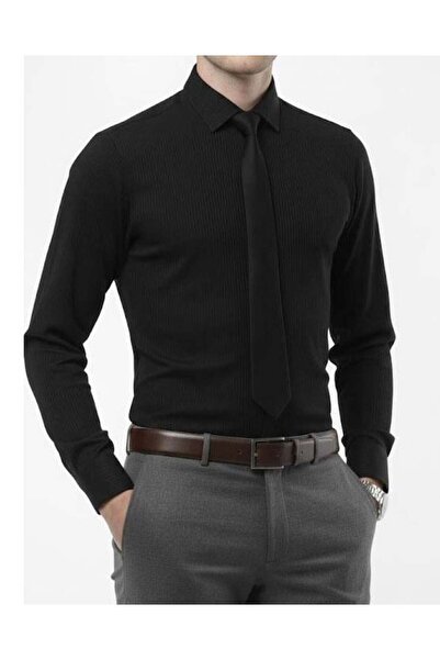 TerziAdemAltun Italian Style S Slim Fit L Stretch Fabric Stripes Tie Collar Men's Shirt Black T11922
