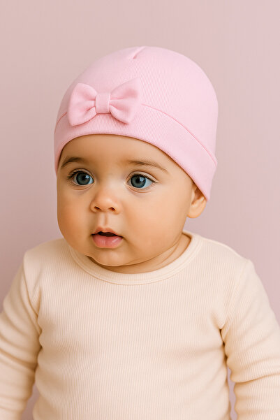DaphKids Bebek Bere Organik Pamuk Yumuşak Kumaş Fiyonklu Bebek Şapka - Pembe