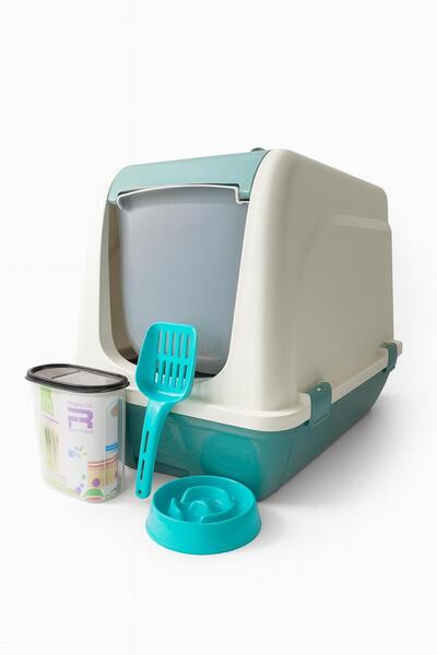 Store Orta boy kapaklı çekmeceli kedi tuvaleti + 175ml mama kabı+ 1.7 lt saklama kabı ÖZEL SET TURKUAZ