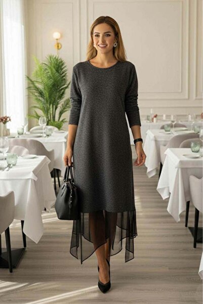 Nevin Kaya Moda Anthracite Zigzag Tulle Detailed Wool Viscose Dress