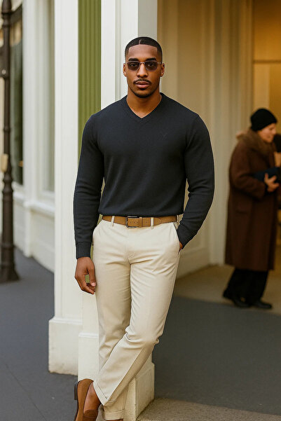 Maccali Men's Trend Casual Loose Long Sleeve V-Neck Smoked Sweater