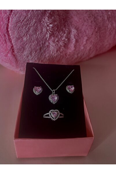 JEWELRY kararmaz çelik pembe kolye küpe yüzük seti