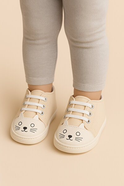 BABY WEAR Bebek Ayakkabısı Kedi baskılı-İlk Adım Ayakkabısı-Bebek Patik-Panduf