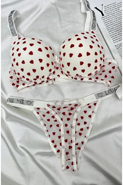 Helore KADIN BEYAZ TAŞLI KIRMIZI KALP DETAY DESENLİ SEKSİ İÇ ÇAMAŞIR TAKIM