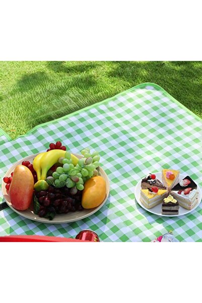OEM Picnic and beach rug, waterproof, with handle, 200×150 cm, Premium – green with white checks
