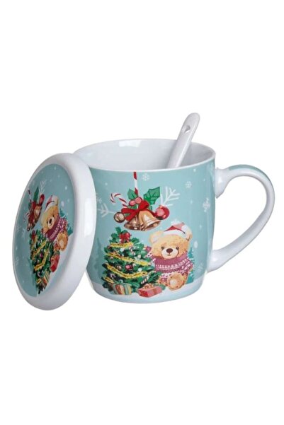 AB HOMES Christmas Mug Set with Lid & Spoon, Bear Model, 340 ml – 3 Pieces