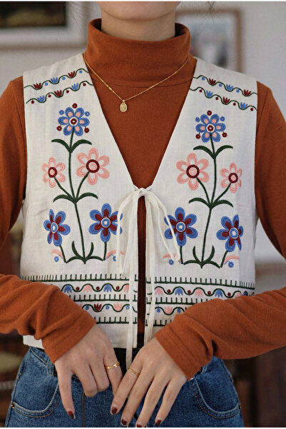 FEMELLE Γυναικείο βαμβακερό γιλέκο με κέντημα με λευκό λουράκι στο στήθος