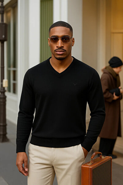 Maccali Pulover negru cu mânecă lungă și decolteu în V pentru bărbați Trend Casual