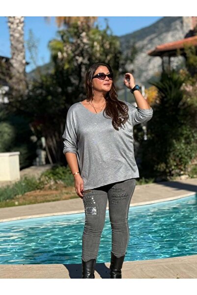 Punta Otantik Nc82581 Glitter V-Neck Knit Blouse Gray
