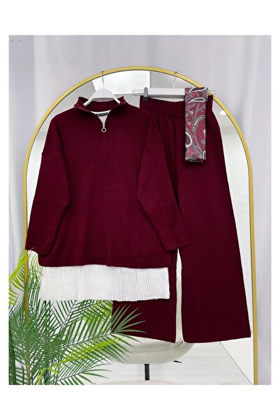 YEDİLALE Zipped Stand-Up Collar Casual Knitwear Double Set [Excluding Underwear and Shawl]