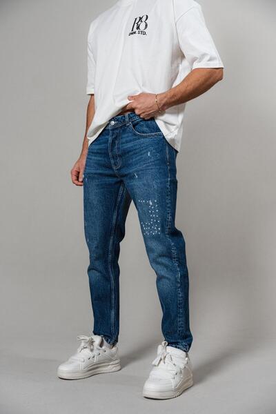 R8 STUDIOS R8 ERKEK KOT PANTOLON NAKIŞLI BOYFRIEND JEAN MAVİ 5106-1