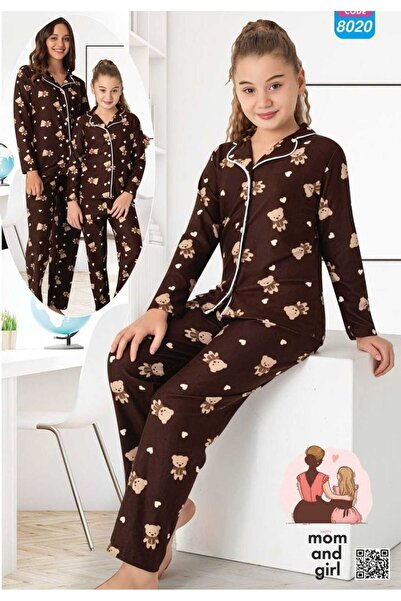zahider Σετ πιτζάμες από βαμβακερό καστόρι με κουμπιά για μητέρα και κόρη