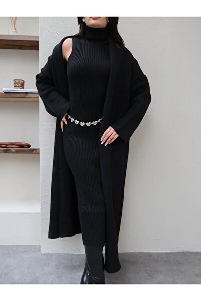 ESRAHELVACI Corded Fabric Turtleneck Dress Cardigan Set