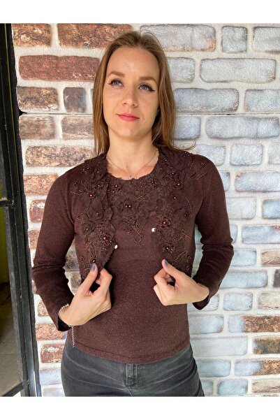 AGORATEKSTİL Women's Italian Sim Bead and Sequin Detailed Bolero Set Blouse and Vest 36-42